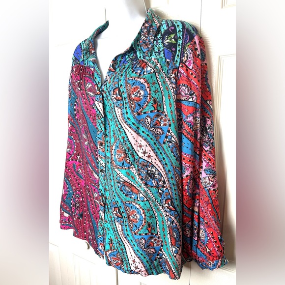 New Anthro MAEVE The Paz Blouse Patchwork Paisley Shirt Top Colorful Floral Pink - Picture 4 of 16